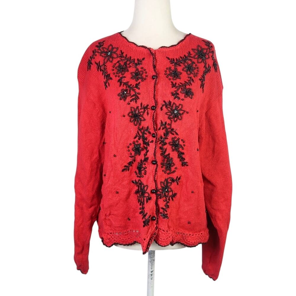 Vintage 90s Carolyn Taylor Red and Black Floral Beaded Cardigan Sweater L